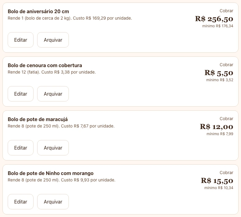 Lista de receitas na calculadora com o custo por unidade e o preço para cobrar